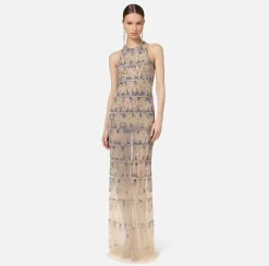 Elisabetta Franchi Red Carpet Dresses|Dresses|Tulle red carpet dress embroidered with pixel pattern sequins Steel