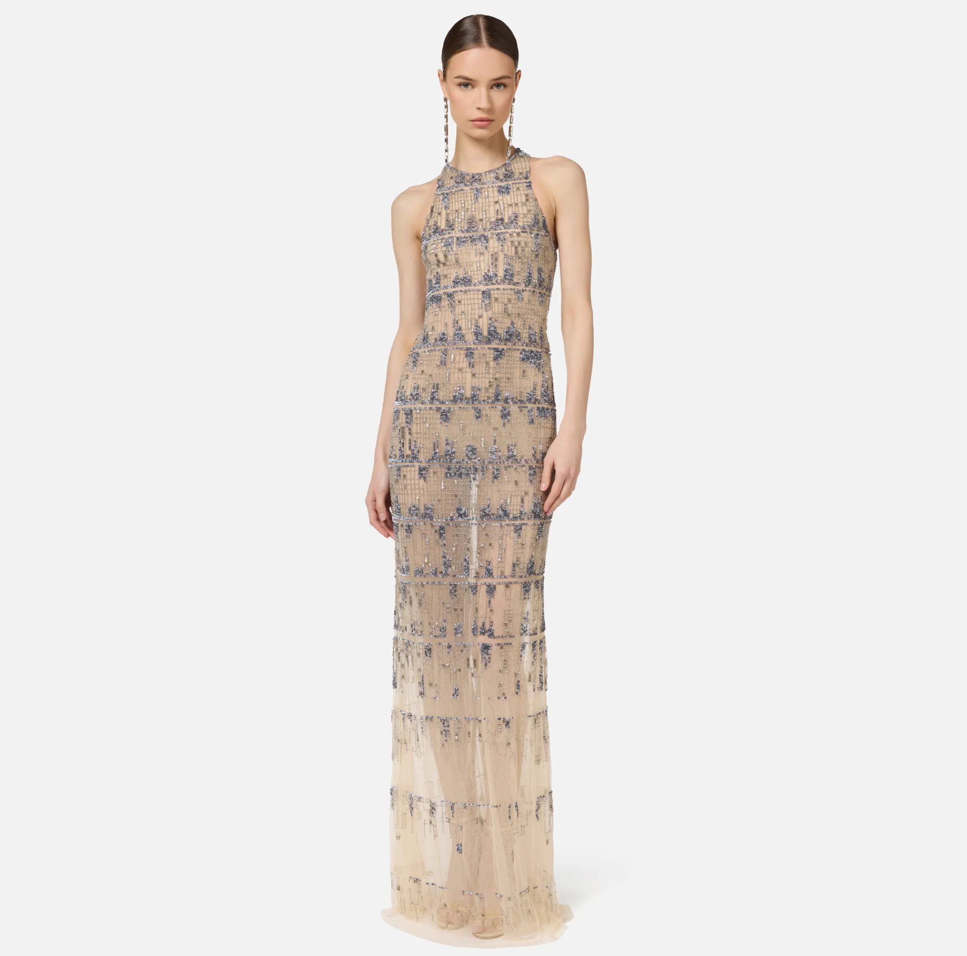 Elisabetta Franchi Red Carpet Dresses|Dresses|Tulle red carpet dress embroidered with pixel pattern sequins Steel