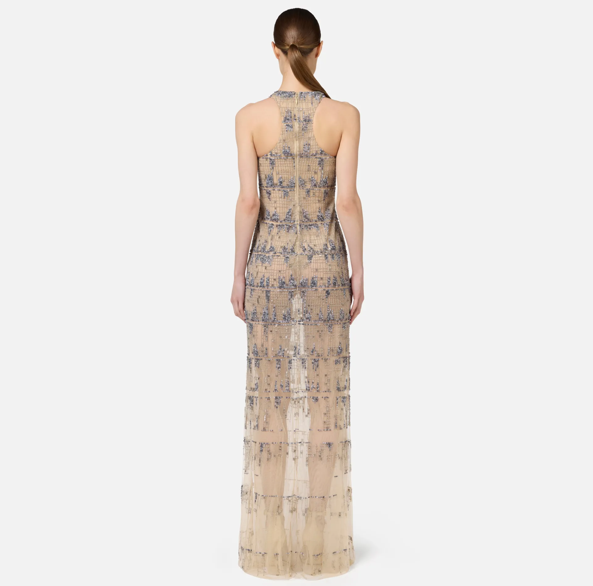 Elisabetta Franchi Red Carpet Dresses|Dresses|Tulle red carpet dress embroidered with pixel pattern sequins Steel