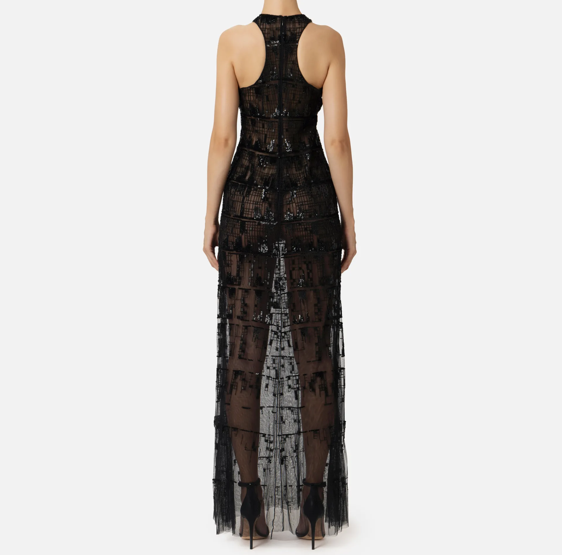 Elisabetta Franchi Red Carpet Dresses|Dresses|Tulle red carpet dress embroidered with pixel pattern sequins Black