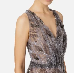 Elisabetta Franchi Red Carpet Dresses|Red Carpet|Tulle red carpet dress with chevron pattern sequin embroidery Steel
