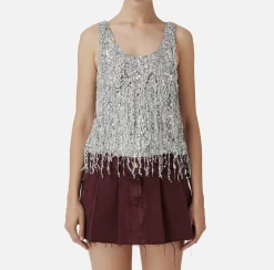 Elisabetta Franchi Top And T-Shirts|Tulle top embroidered with sequin fringes Silver