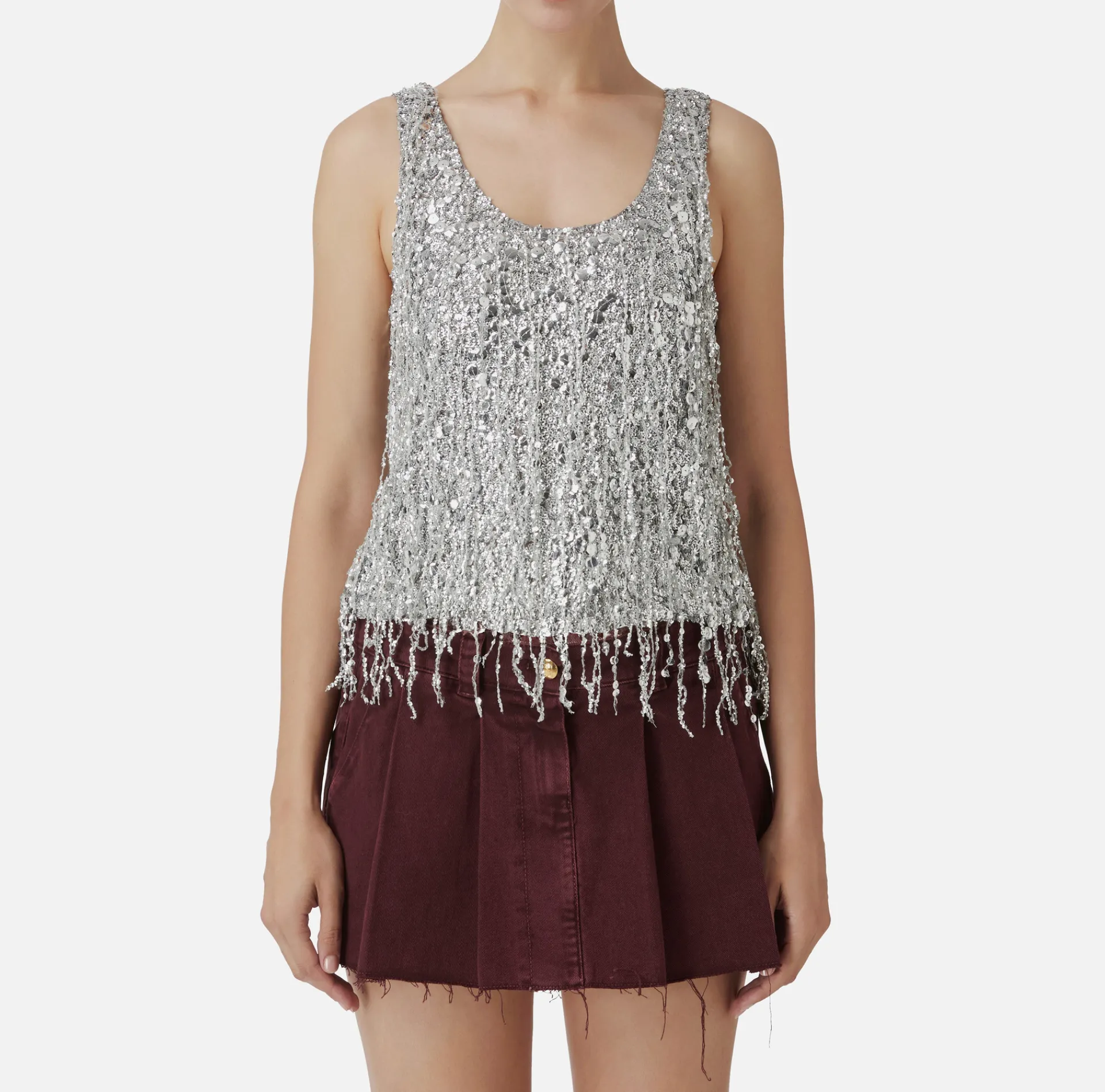 Elisabetta Franchi Top And T-Shirts|Tulle top embroidered with sequin fringes Silver