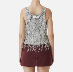 Elisabetta Franchi Top And T-Shirts|Tulle top embroidered with sequin fringes Silver