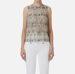 Elisabetta Franchi Top And T-Shirts|Tulle top embroidered with pixel pattern sequins Steel