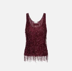 Elisabetta Franchi Top And T-Shirts|Tulle top embroidered with sequin fringes RougeNoir