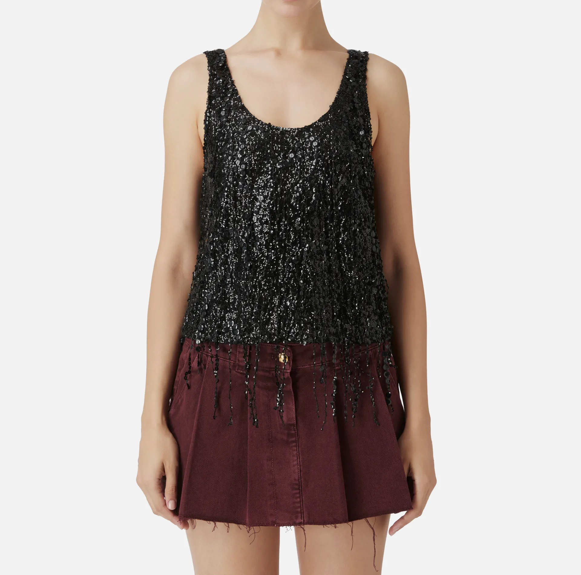 Elisabetta Franchi Top And T-Shirts|Tulle top embroidered with sequin fringes Black