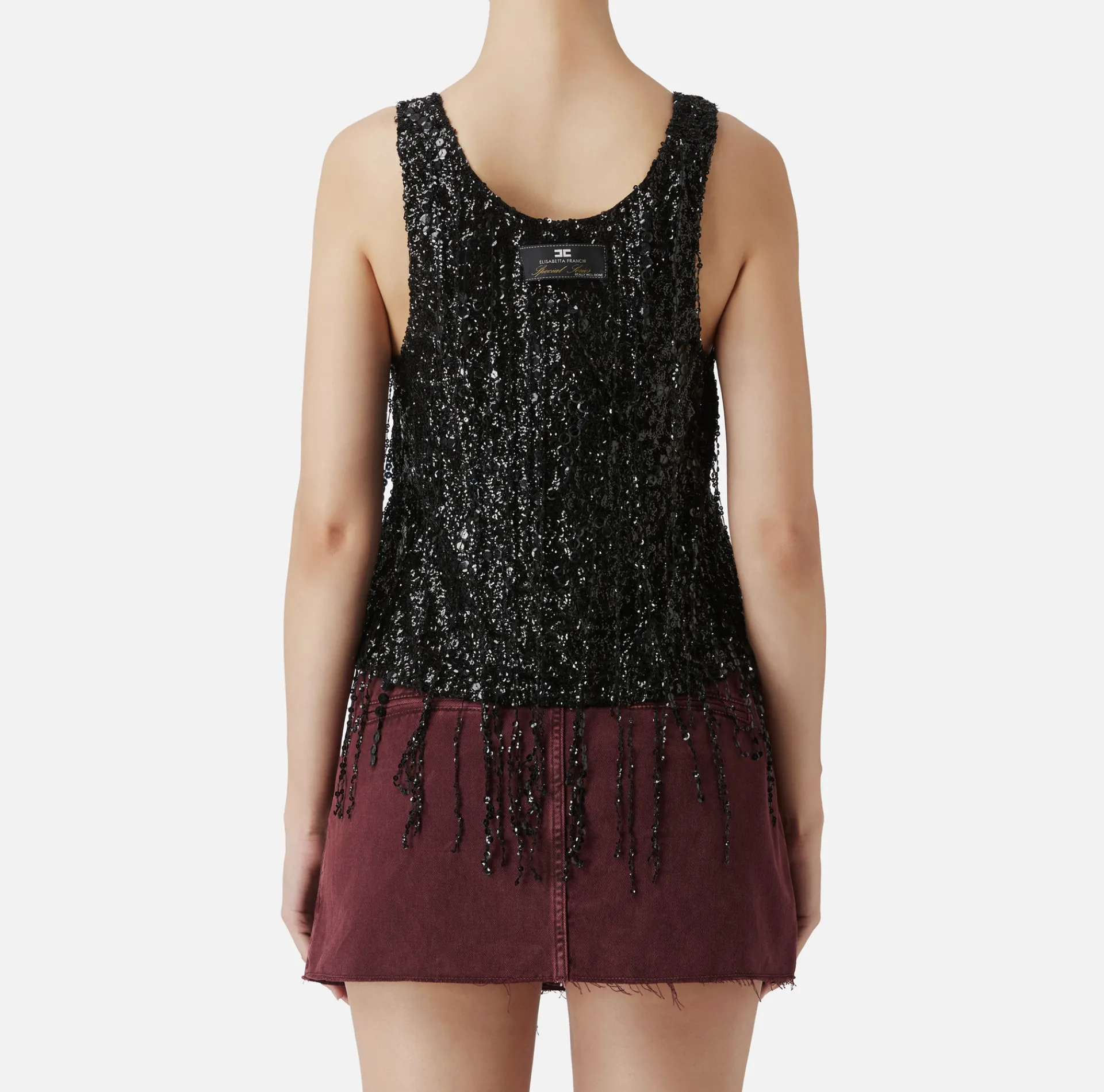 Elisabetta Franchi Top And T-Shirts|Tulle top embroidered with sequin fringes Black