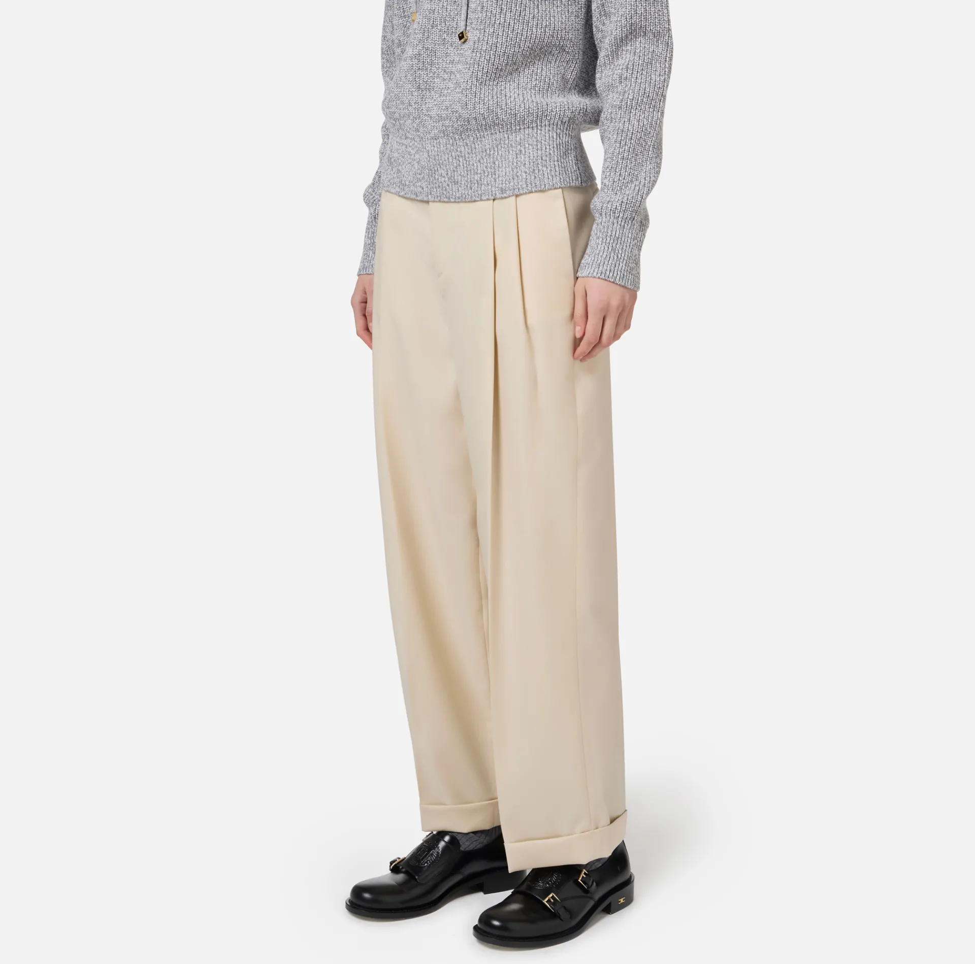 Elisabetta Franchi Trousers And Shorts|Turned-up trousers in cool wool with darts Cream