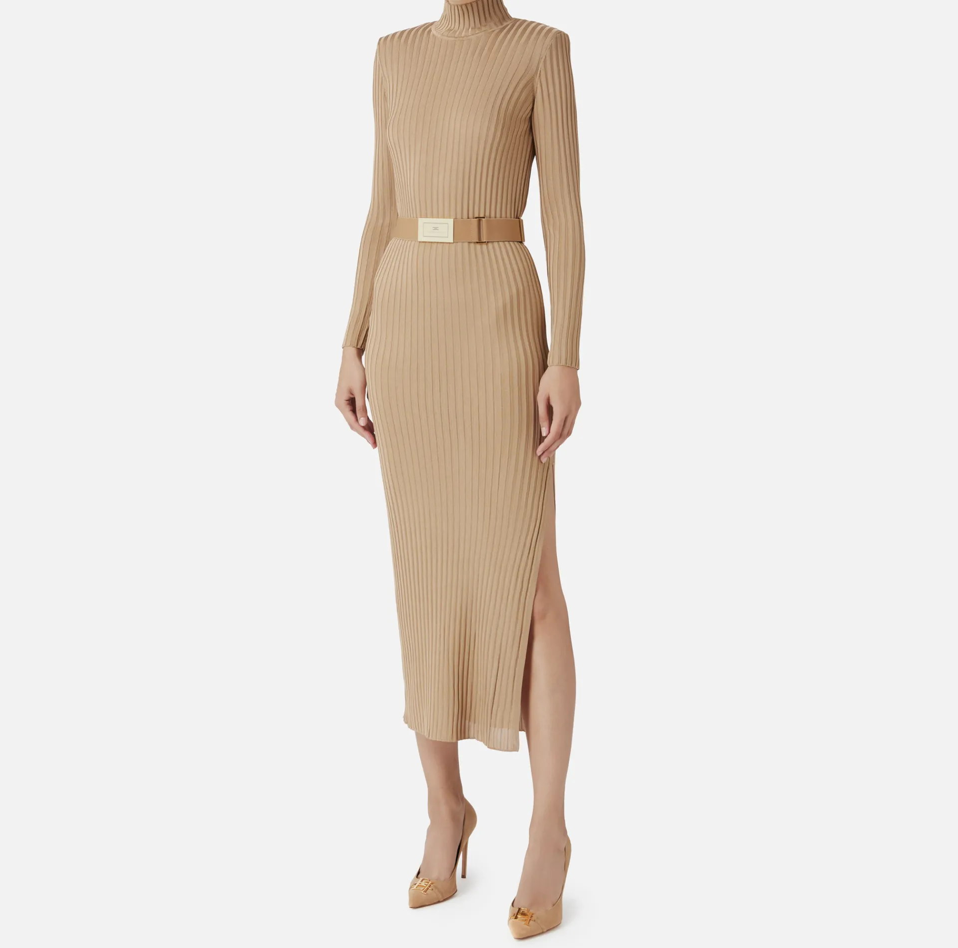 Elisabetta Franchi Knitted Dresses|Dresses|Turtleneck dress in ribbed shiny viscose fabric with belt Camel