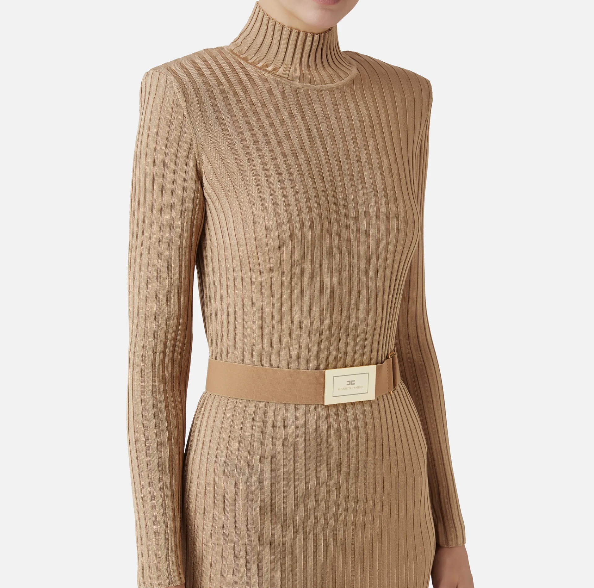Elisabetta Franchi Knitted Dresses|Dresses|Turtleneck dress in ribbed shiny viscose fabric with belt Camel