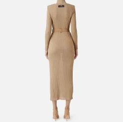 Elisabetta Franchi Knitted Dresses|Dresses|Turtleneck dress in ribbed shiny viscose fabric with belt Camel