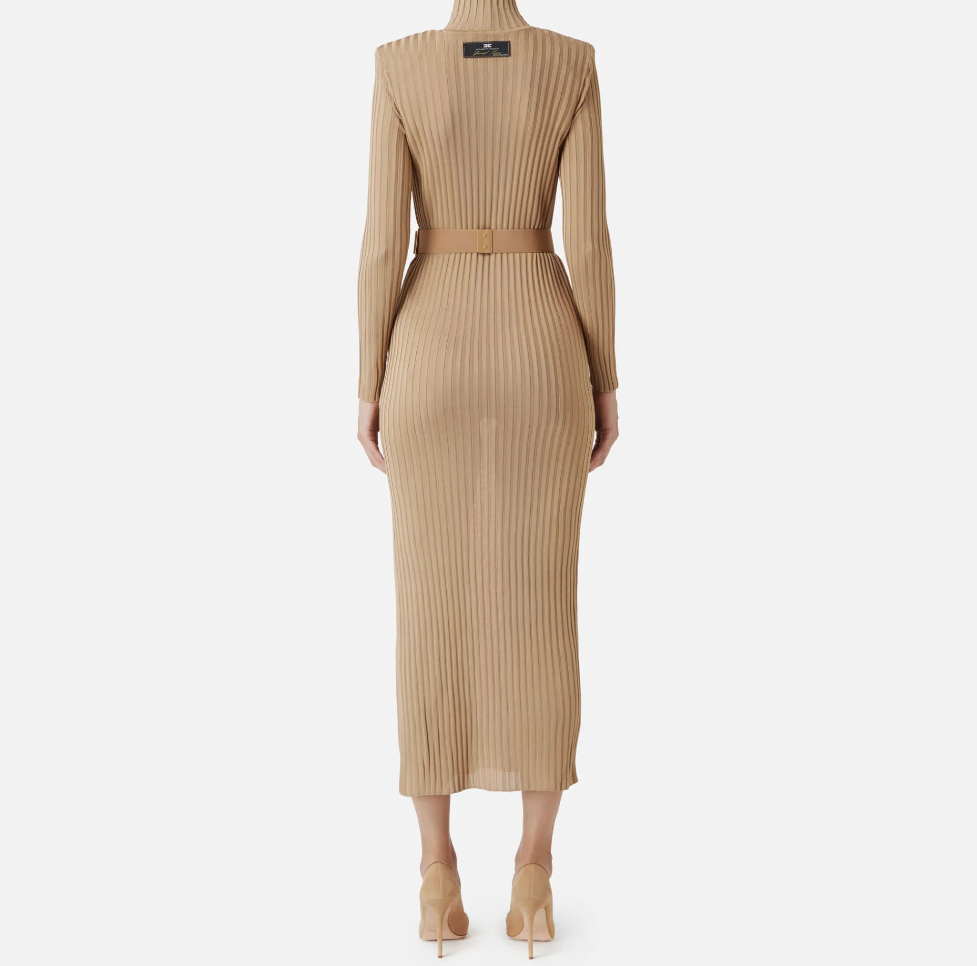 Elisabetta Franchi Knitted Dresses|Dresses|Turtleneck dress in ribbed shiny viscose fabric with belt Camel