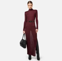 Elisabetta Franchi Knitted Dresses|Dresses|Turtleneck dress in ribbed shiny viscose fabric with belt RougeNoir