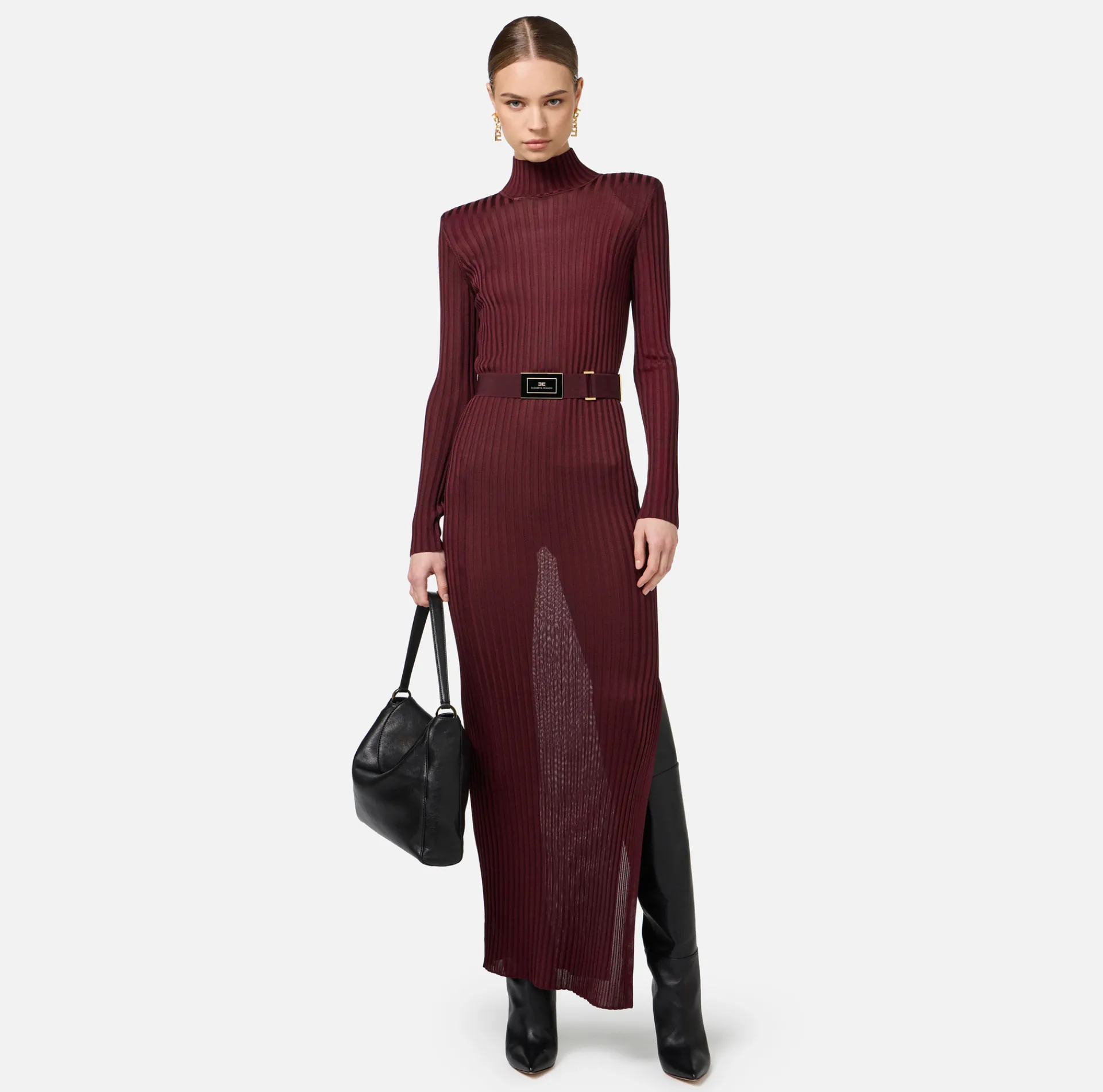 Elisabetta Franchi Knitted Dresses|Dresses|Turtleneck dress in ribbed shiny viscose fabric with belt RougeNoir