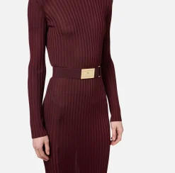 Elisabetta Franchi Knitted Dresses|Dresses|Turtleneck dress in ribbed shiny viscose fabric with belt RougeNoir