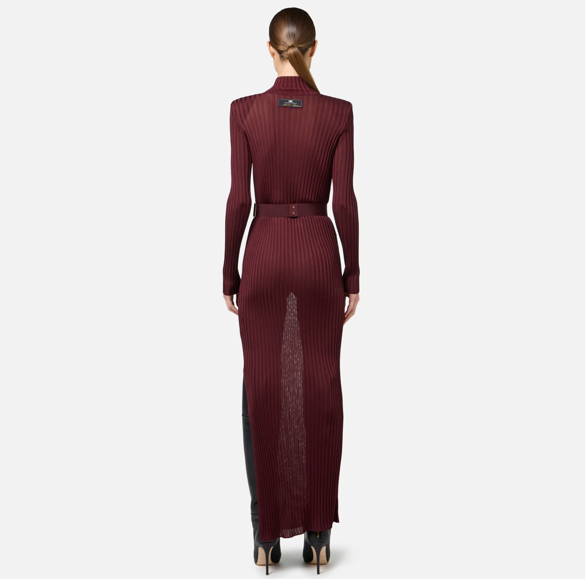Elisabetta Franchi Knitted Dresses|Dresses|Turtleneck dress in ribbed shiny viscose fabric with belt RougeNoir