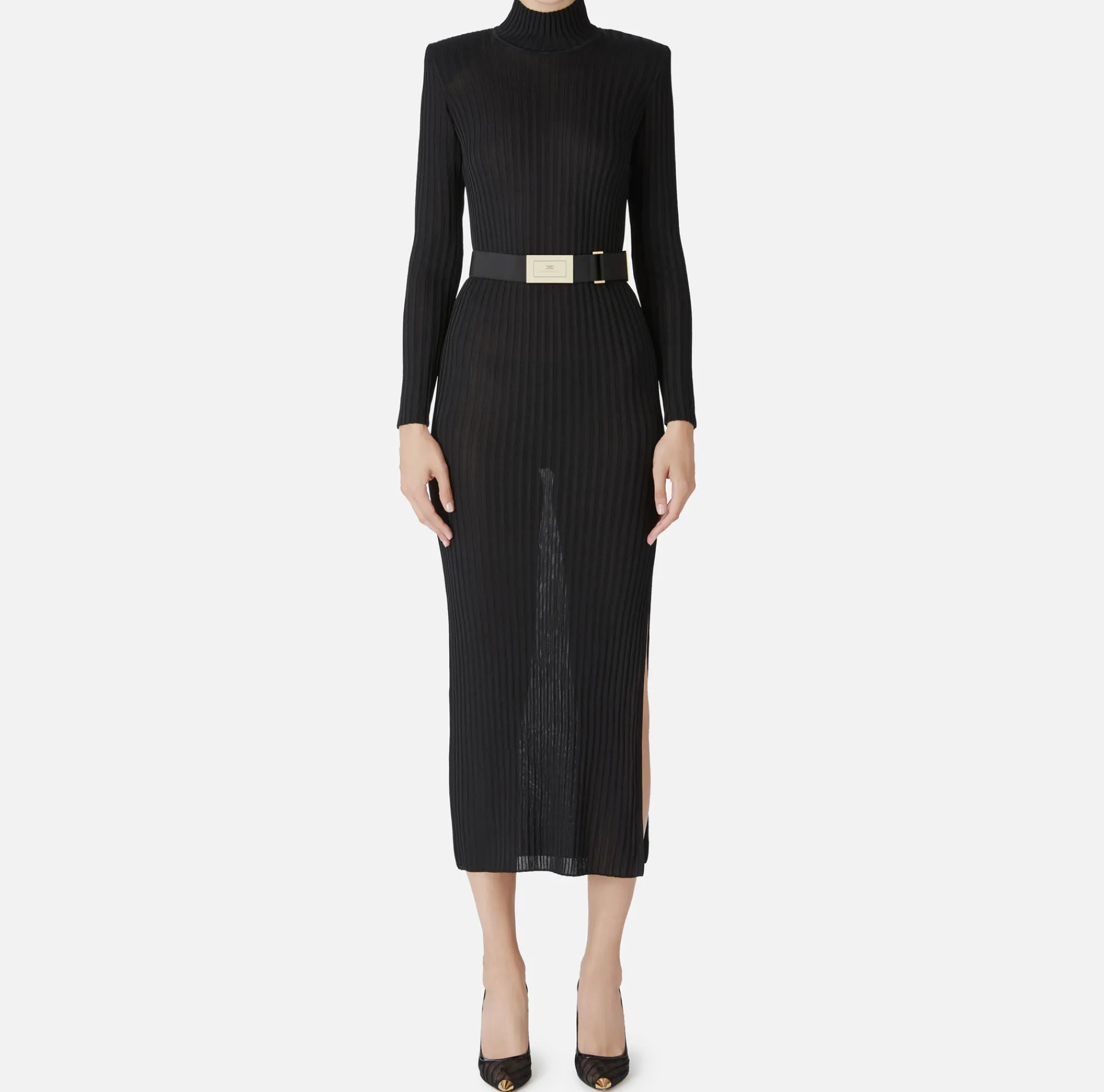 Elisabetta Franchi Knitted Dresses|Dresses|Turtleneck dress in ribbed shiny viscose fabric with belt Black