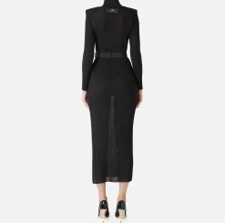 Elisabetta Franchi Knitted Dresses|Dresses|Turtleneck dress in ribbed shiny viscose fabric with belt Black