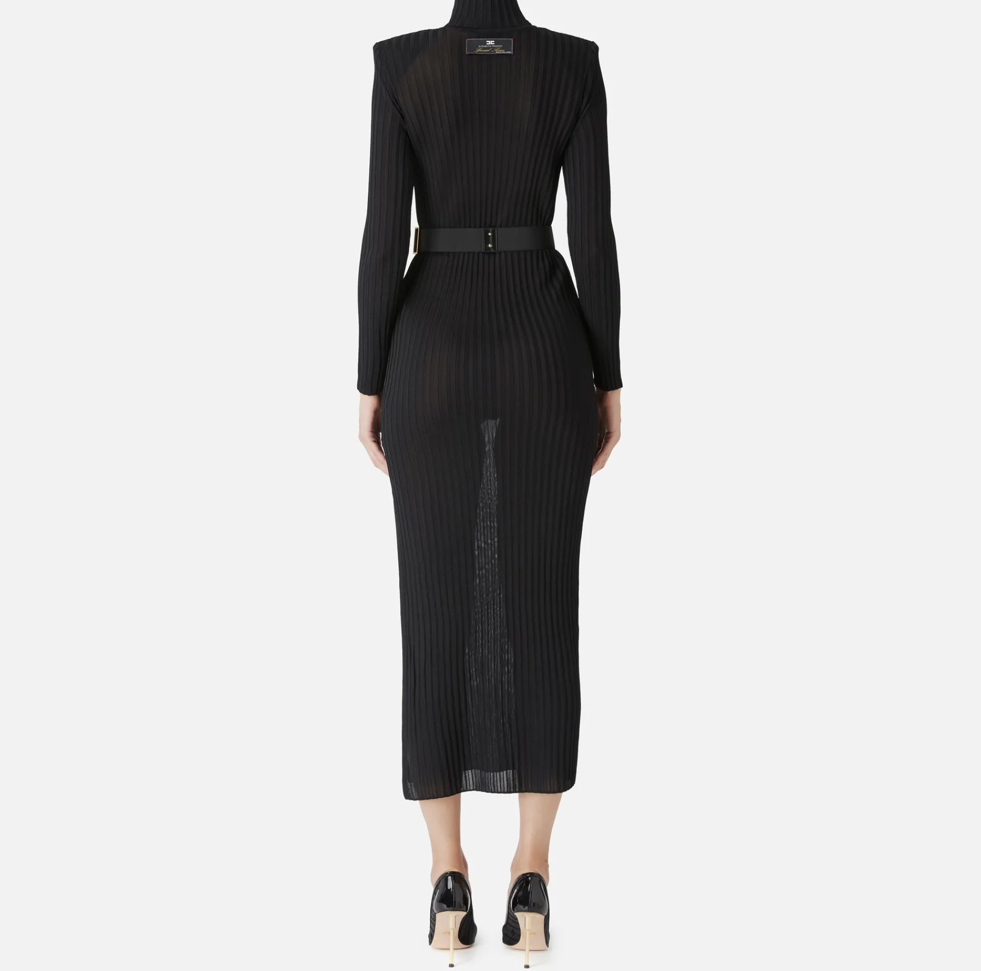 Elisabetta Franchi Knitted Dresses|Dresses|Turtleneck dress in ribbed shiny viscose fabric with belt Black