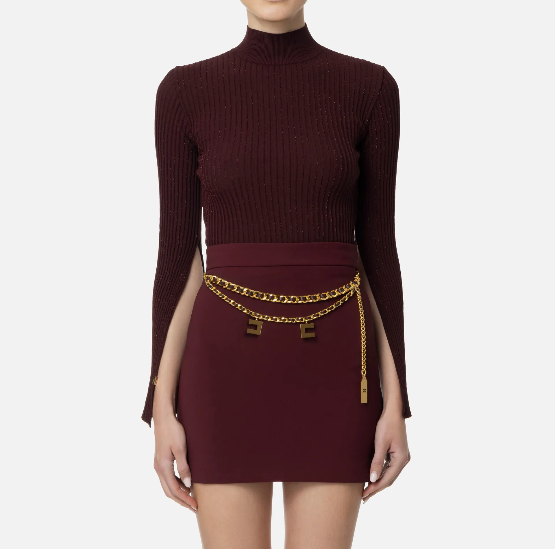 Elisabetta Franchi Knitwear And Sweatshirts|Turtleneck in narrow-ribbed lurex and viscose fabric RougeNoir