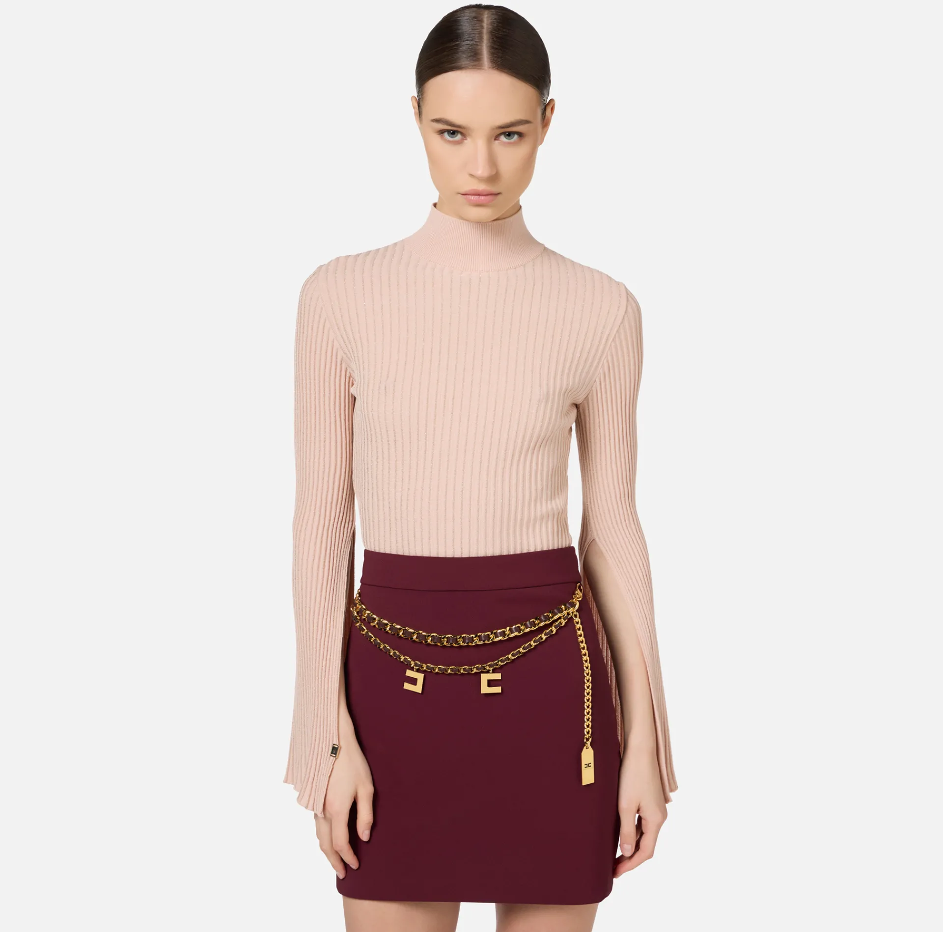 Elisabetta Franchi Knitwear And Sweatshirts|Turtleneck in narrow-ribbed lurex and viscose fabric Nude