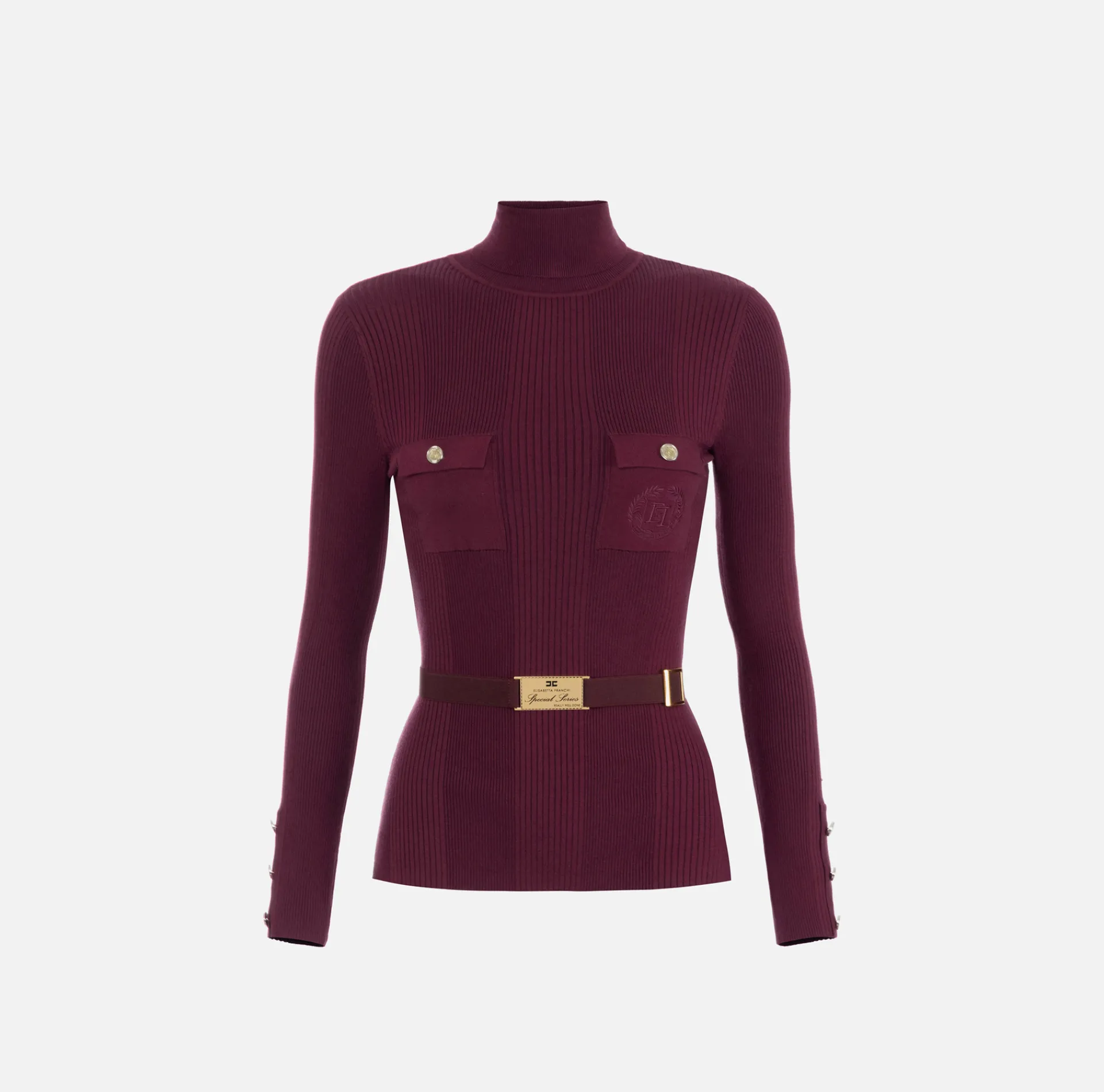 Elisabetta Franchi Knitwear And Sweatshirts|Turtleneck shirt in narrow-ribbed lyocell and silk fabric with logo embroidery RougeNoir