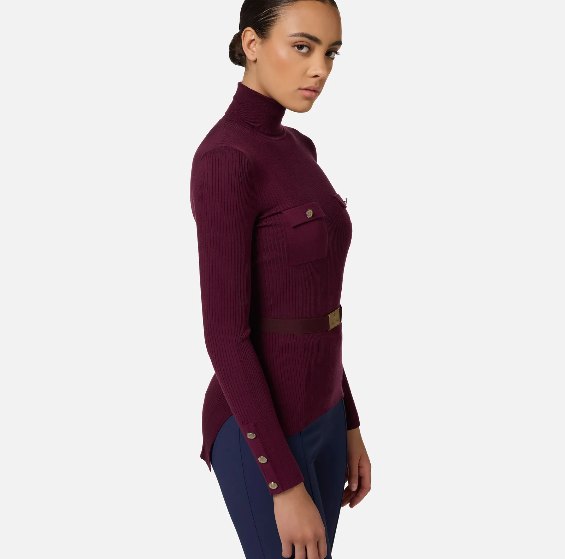 Elisabetta Franchi Knitwear And Sweatshirts|Turtleneck shirt in narrow-ribbed lyocell and silk fabric with logo embroidery RougeNoir