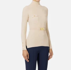 Elisabetta Franchi Knitwear And Sweatshirts|Turtleneck shirt in narrow-ribbed lyocell and silk fabric with logo embroidery Latex