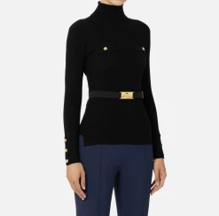 Elisabetta Franchi Knitwear And Sweatshirts|Turtleneck shirt in narrow-ribbed lyocell and silk fabric with logo embroidery Black