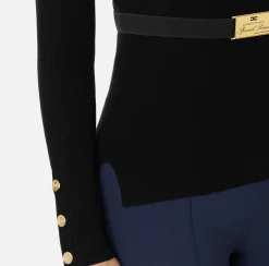 Elisabetta Franchi Knitwear And Sweatshirts|Turtleneck shirt in narrow-ribbed lyocell and silk fabric with logo embroidery Black