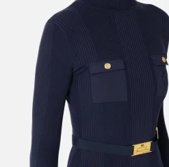 Elisabetta Franchi Knitwear And Sweatshirts|Turtleneck shirt in narrow-ribbed lyocell and silk fabric with logo embroidery Navy