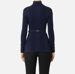 Elisabetta Franchi Knitwear And Sweatshirts|Turtleneck shirt in narrow-ribbed lyocell and silk fabric with logo embroidery Navy
