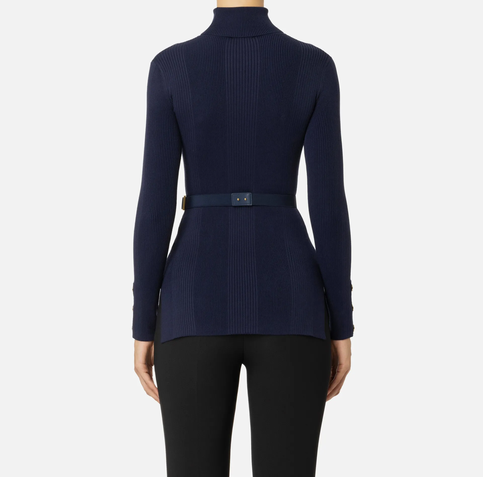 Elisabetta Franchi Knitwear And Sweatshirts|Turtleneck shirt in narrow-ribbed lyocell and silk fabric with logo embroidery Navy