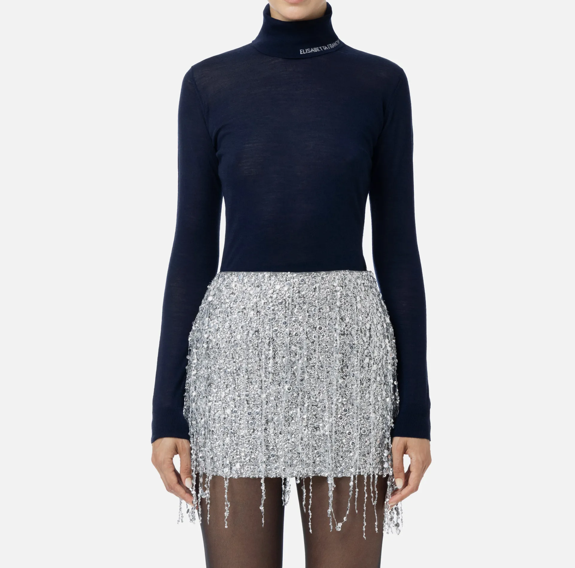 Elisabetta Franchi Knitwear And Sweatshirts|Turtleneck top in merino wool fabric with jacquard logo Navy