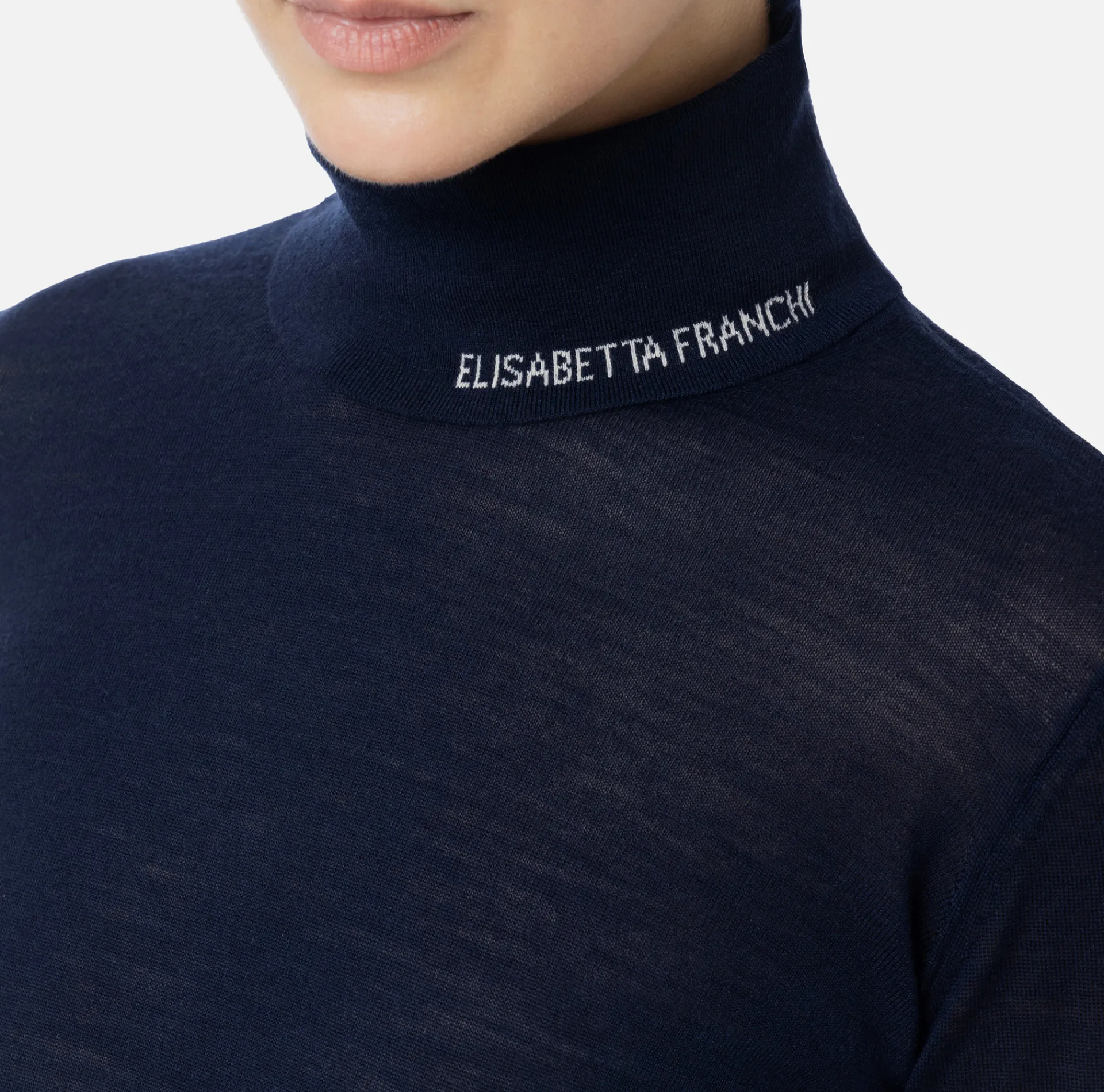 Elisabetta Franchi Knitwear And Sweatshirts|Turtleneck top in merino wool fabric with jacquard logo Navy