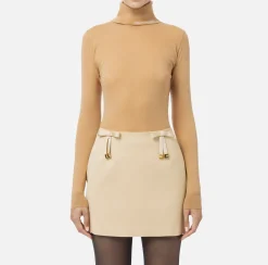 Elisabetta Franchi Knitwear And Sweatshirts|Turtleneck top in merino wool fabric with jacquard logo Bronze