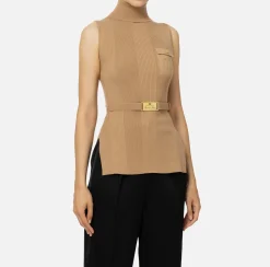 Elisabetta Franchi Knitwear And Sweatshirts|Turtleneck top in narrow-ribbed lyocell and silk fabric with logo embroidery Camel