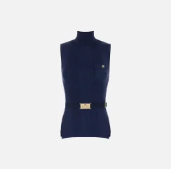 Elisabetta Franchi Knitwear And Sweatshirts|Turtleneck top in narrow-ribbed lyocell and silk fabric with logo embroidery Navy