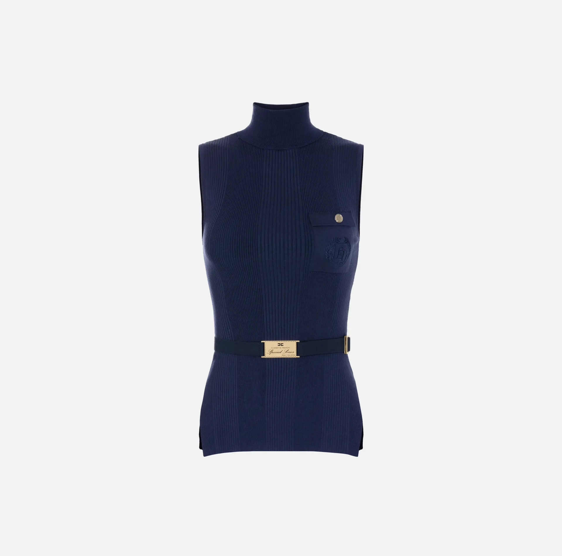 Elisabetta Franchi Knitwear And Sweatshirts|Turtleneck top in narrow-ribbed lyocell and silk fabric with logo embroidery Navy