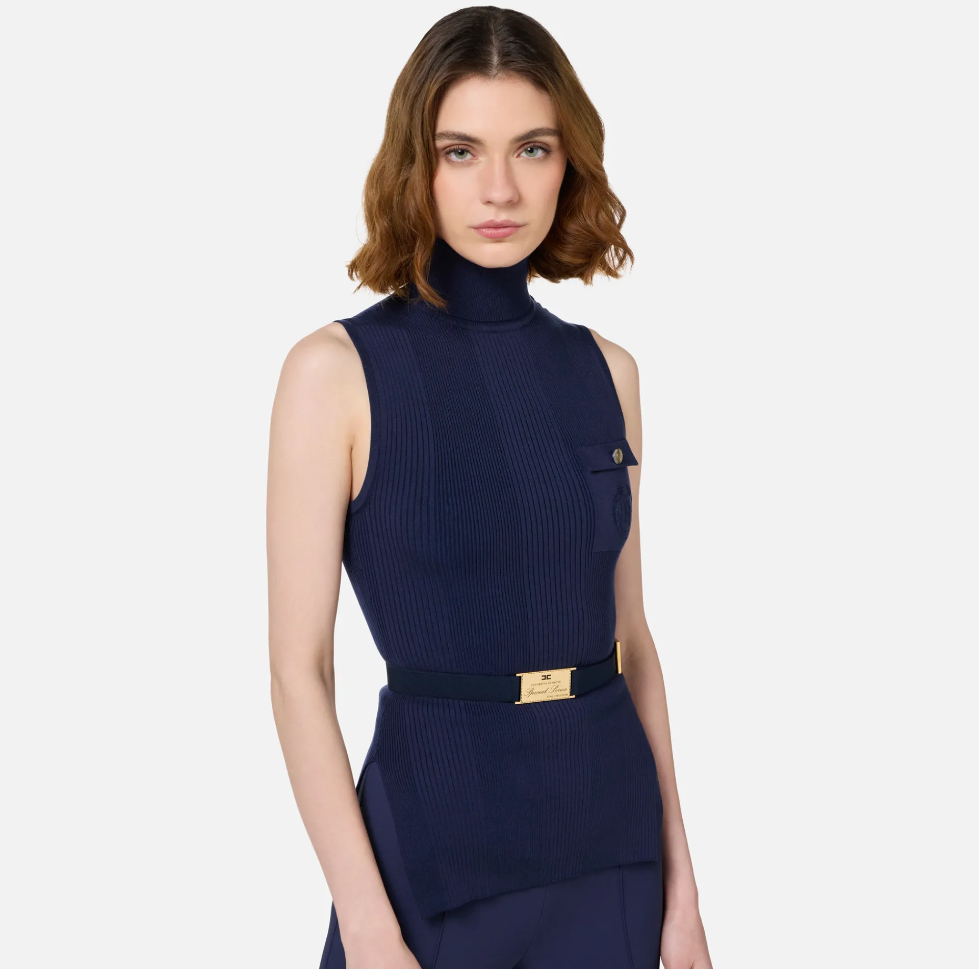 Elisabetta Franchi Knitwear And Sweatshirts|Turtleneck top in narrow-ribbed lyocell and silk fabric with logo embroidery Navy