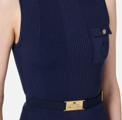 Elisabetta Franchi Knitwear And Sweatshirts|Turtleneck top in narrow-ribbed lyocell and silk fabric with logo embroidery Navy