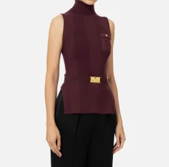 Elisabetta Franchi Knitwear And Sweatshirts|Turtleneck top in narrow-ribbed lyocell and silk fabric with logo embroidery RougeNoir