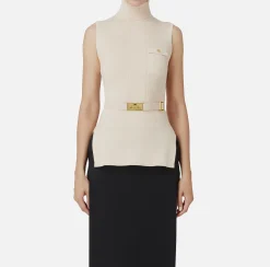 Elisabetta Franchi Knitwear And Sweatshirts|Turtleneck top in narrow-ribbed lyocell and silk fabric with logo embroidery Latex