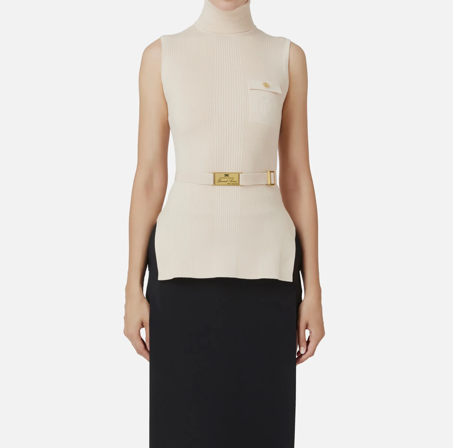 Elisabetta Franchi Knitwear And Sweatshirts|Turtleneck top in narrow-ribbed lyocell and silk fabric with logo embroidery Latex