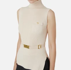 Elisabetta Franchi Knitwear And Sweatshirts|Turtleneck top in narrow-ribbed lyocell and silk fabric with logo embroidery Latex