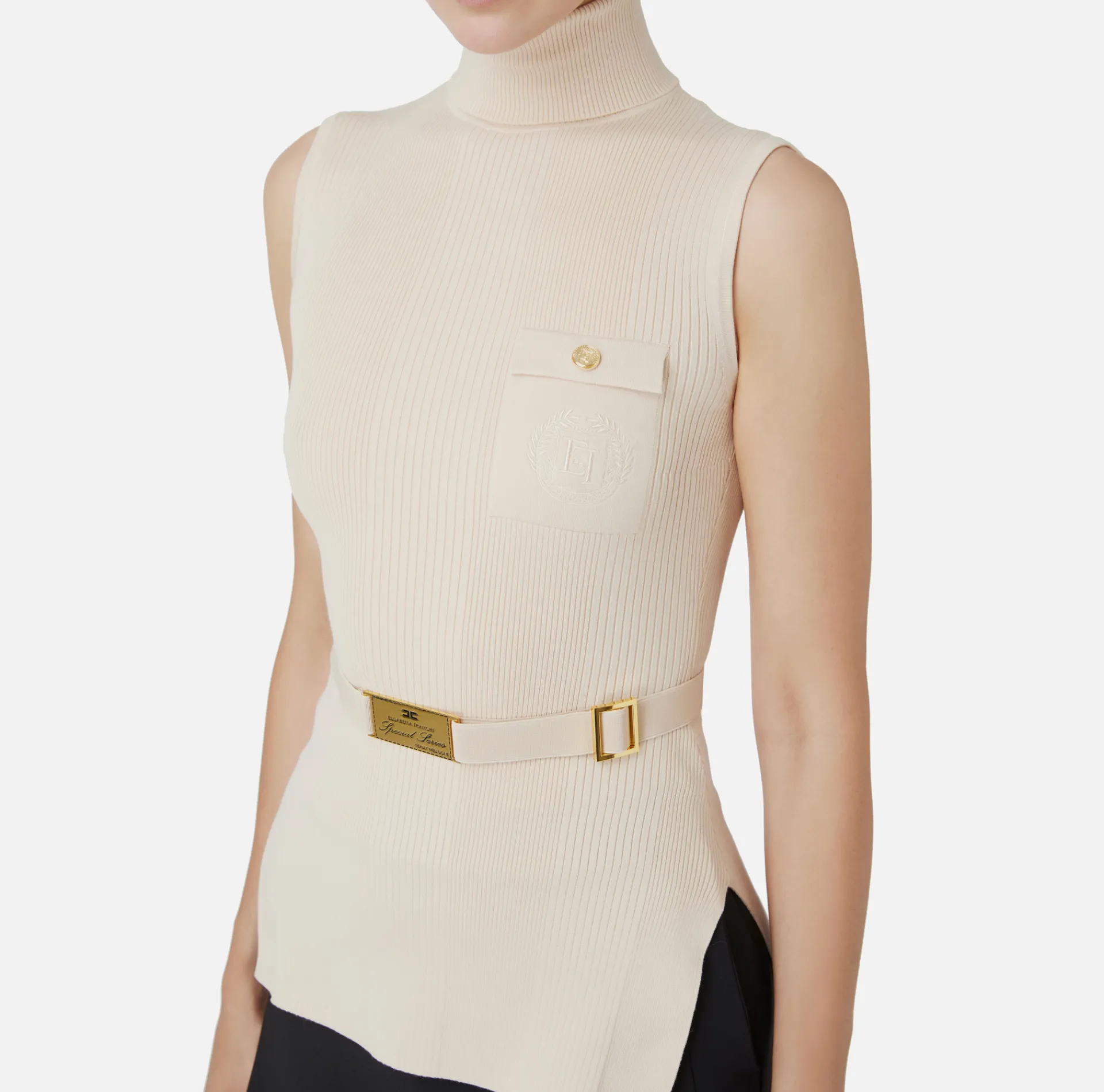Elisabetta Franchi Knitwear And Sweatshirts|Turtleneck top in narrow-ribbed lyocell and silk fabric with logo embroidery Latex