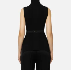 Elisabetta Franchi Knitwear And Sweatshirts|Turtleneck top in narrow-ribbed lyocell and silk fabric with logo embroidery Black