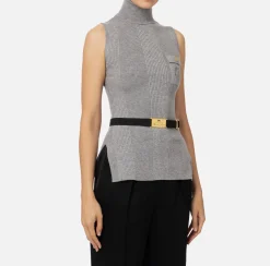 Elisabetta Franchi Knitwear And Sweatshirts|Turtleneck top in narrow-ribbed lyocell and silk fabric with logo embroidery HeatherGrey