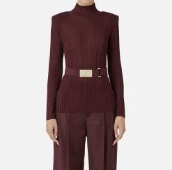 Elisabetta Franchi Knitwear And Sweatshirts|Turtleneck top in ribbed shiny viscose fabric with belt RougeNoir